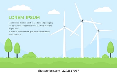 Paisaje con turbinas eólicas, árboles y hierba sobre el fondo azul del cielo con nubes, concepto de energía verde, lugar para su texto, vector eps10 ilustración