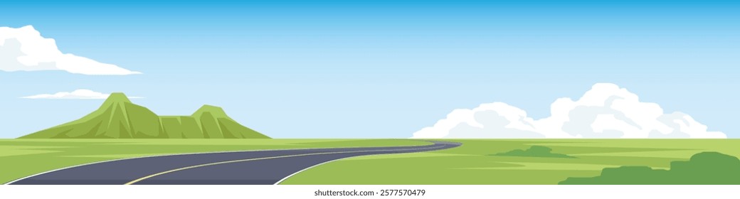 Landscape of winding asphalt road. On the wide grassland. Were grasses growing on both sides. Softe color of mountain and blue sky with white clouds.