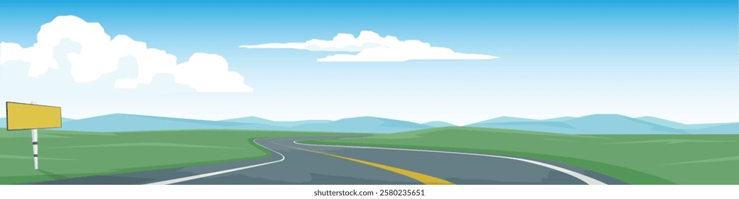 Landscape of winding asphalt road. On the wide grassland. Were grasses growing on both sides. Softe color of mountain and blue sky with white clouds. Blank signs on the side of the road.