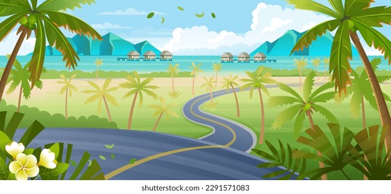  Landscape with winding beach road.  road with palm trees and flowers. Сartoon vector background