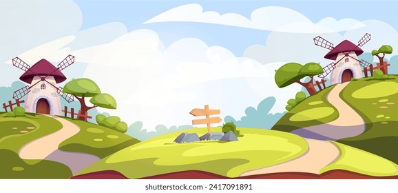 Landscape with windmill. Colorful stylized banner with village scenery with green hills, roads and trees. Background for games, videos and graphical interface. Cartoon flat vector illustration