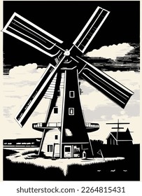 Landscape with windmill, engraving style