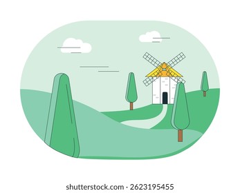 Landscape windmill house in the garden, for farm use. Character design. Vector flat illustration