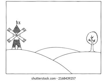 Landscape with a windmill on the left and a tree on the right, a field below. in the middle of the picture is empty. Coloring for children.	