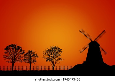 Paisaje con molino de viento, árboles y silueta de valla sobre fondo del cielo naranja. Paisaje rústico holandés con molino de viento tradicional al amanecer o al atardecer.Cálida campiña nocturna.Ilustración vectorial de stock