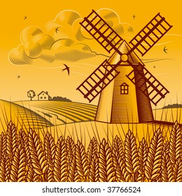 Landscape with windmill. Vector