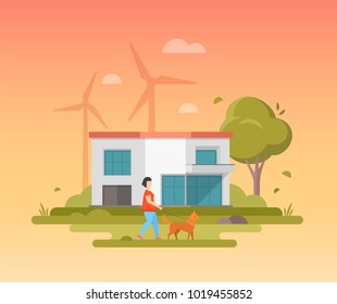 Landscape with windmills - modern flat design style vector illustration on orange background. A composition with a boy walking the dog, a small low-storey building, tree, clouds in the sky