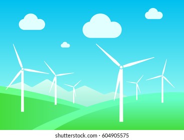Landscape with windmills on field background and mountains