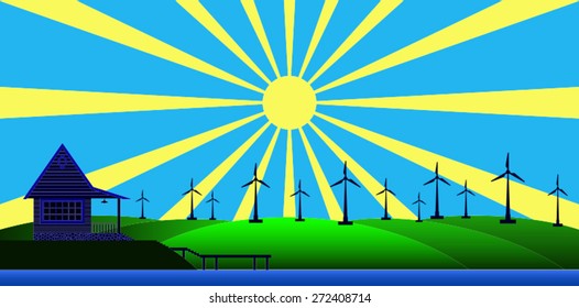 landscape with windmills on the river