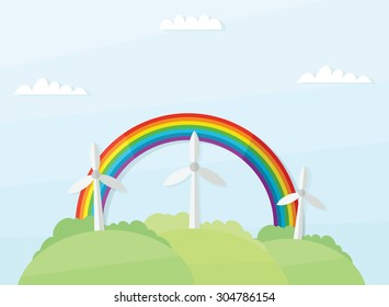 landscape with windmills and rainbow