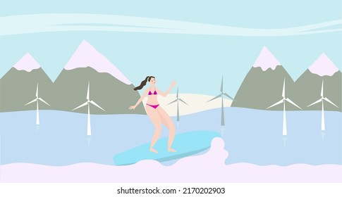 Landscape with windmills and surfer. Wind power generator.