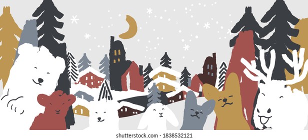 Landscape Winter background vector.  New year and Christmas vector illustrations design for wallpaper, wall arts, Cover,Winter design for advertising and banners.