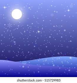 Landscape Winter Christmas full moon forest mountains Snowy Night, Christmas card with winter evening in blue tone. Vector illustration.