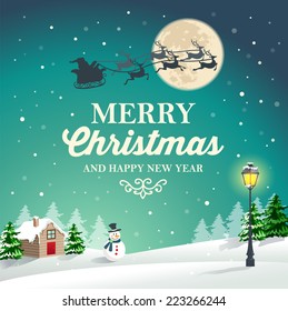 Landscape Winter Christmas Snowy Night. Vector illustration