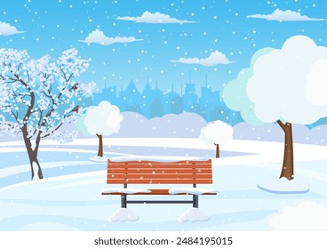 Landscape in winter city park. Park bench and trees and big modern city background. winter holidays concept. Vector illustration in flat style