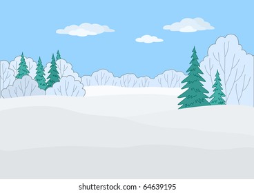 Landscape: winter forest, coniferous and deciduous trees under blue sky