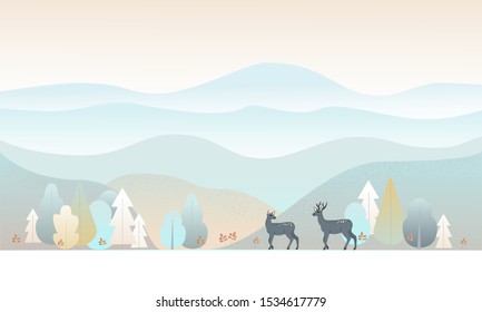 Landscape, winter forest on background of mountains, deer, snow, trees, nature image, flat style, gradients colors, Christmas card, white background, panorama, poster, vector illustration