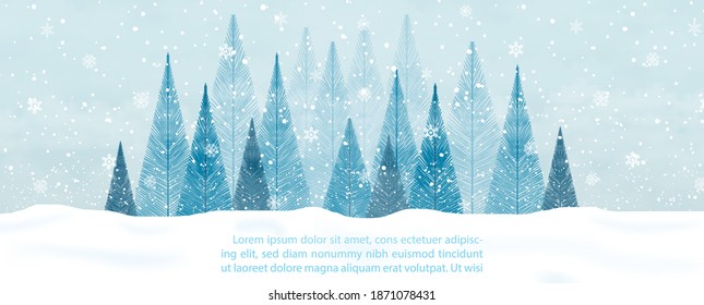 Landscape winter and heavy snow falling with pine forest and example texts on foggy and light blue background