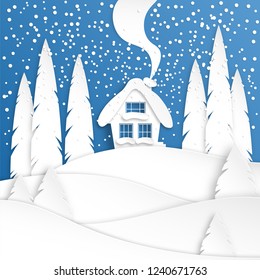 Landscape with a winter house in the snow. Spruce forest. Paper cut design. Merry Christmas and New Year paper art background. Vector illustration.