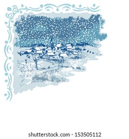 Landscape in winter, illustration with decorative frame, suitable as a Christmas theme, vector background