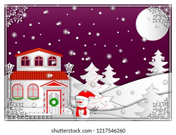 Landscape winter night. Christmas house and snowman on the background of the winter forest. Vector 3d illustration for christmas and happy new year. Paper cut art style.