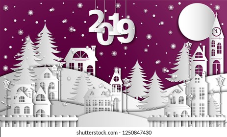 Landscape the winter night city, village. Vector illustration for Christmas and Happy New Year. Paper cut art style.