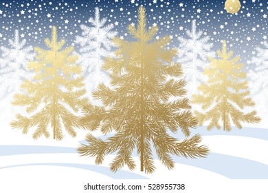 Landscape winter night forest, snow-covered trees, snowflakes. Romantic vector illustration for Christmas and New Year. Template design greeting cards, holidays posters, signage. Gold and white.