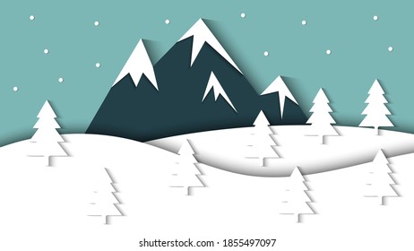 landscape of winter season background vector with paper cut style illustration
