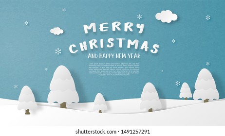 Landscape winter season with pine tree and falling snow and clouds background in paper cut style. Vector illustration. wallpaper, backdrop, poster, wallpaper, banner, brochure.