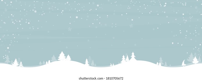 Landscape winter season. Sky blue with white tree and snowing. Cartoon style. Christmas and New year background in winter. Space for your text. Vector illustration.