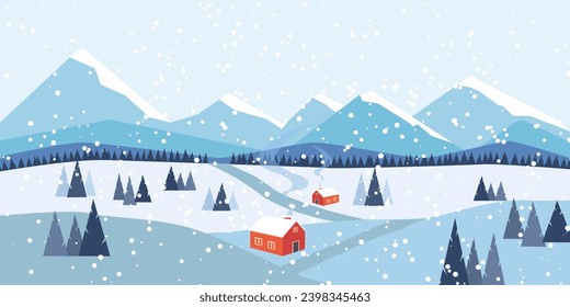 Landscape winter season snow mountains cottages trees nature banner design. Vector illustration.
