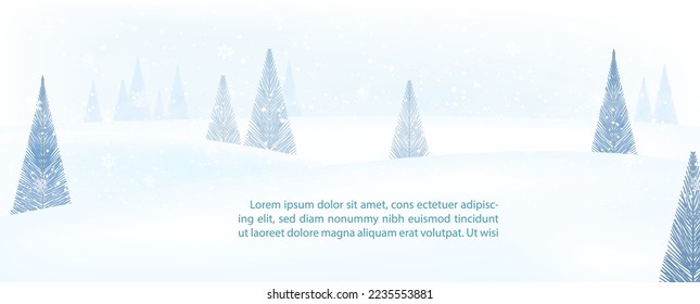 Landscape winter and snow falling with pine trees in line art style and example texts on foggy and light blue background.