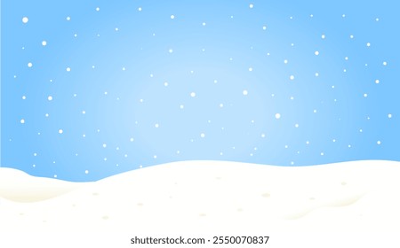 Landscape of winter snow scene with falling snow on clear blue background. Background for template, presentation, winter season advertising, wallpaper, banner. Flat vector illustration.