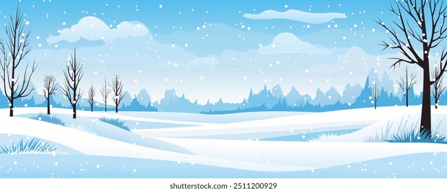 Landscape of a winter snowy day. Beautiful vector illustration of winter natural landscape for design. Christmas in nature.