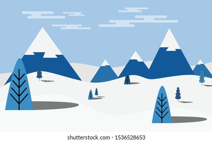 Landscape winter snowy view of the mountain range in cool white blue tone  with some pine tree in winter time