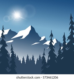 Landscape, winter sunny day. Mountains and forest.