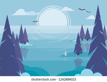 Landscape, winter sunset with a sad hare