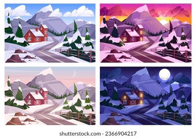 Paisaje de invierno día noche puesta de sol, ilustración de caricatura plana. Casa de campo vectorial en las montañas, luz en las ventanas por la noche. Campiña rural, árboles en la nieve, tarde o mañana