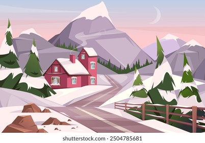 Landscape winter time day scenery mountain in snow, flat cartoon illustration. Vector cottage house village countryside, trees in snow, road way and fence, home with chimney