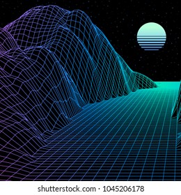 Landscape with wireframe grid of 80s styled retro computer game or science inspired background 3d structure with sun and mountains or hills