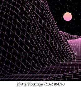 Landscape with wireframe grid of 80s styled retro computer game or science inspired background 3d structure with sun and mountains or hills