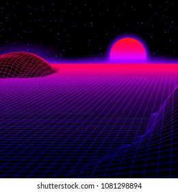 Landscape with wireframe grid of 80s styled retro computer game or science inspired background 3d structure with sun and mountains or hills