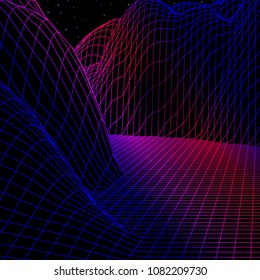 Landscape with wireframe grid of 80s styled retro computer game or science inspired background 3d structure with mountains or hills