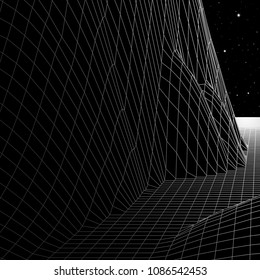 Landscape with wireframe grid of 80s styled retro computer game or science inspired background 3d structure with stars and mountains or hills