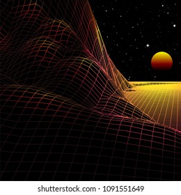 Landscape with wireframe grid of 80s styled retro computer game or science inspired background 3d structure with sun and mountains or hills