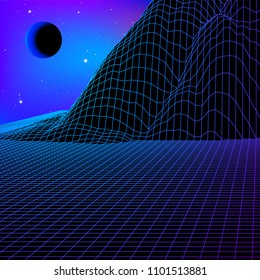 Landscape with wireframe grid of 80s styled retro computer game or science inspired background 3d structure with moon eclipse and mountains or hills