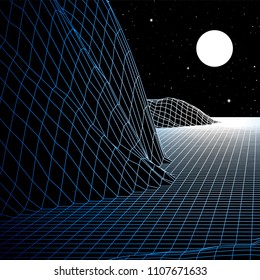 Landscape with wireframe grid of 80s styled retro computer game or science inspired background 3d structure with moon and mountains or hills