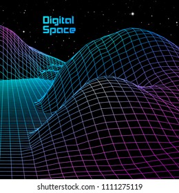 Landscape with wireframe grid of 80s styled retro computer game or science inspired background 3d structure with red mountains or hills