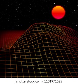 Landscape with wireframe grid of 80s styled retro computer game or science inspired background 3d structure with sun and mountains or hills