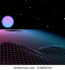 Landscape with wireframe grid of 80s styled retro computer game or science inspired background 3d structure with sun and mountains or hills